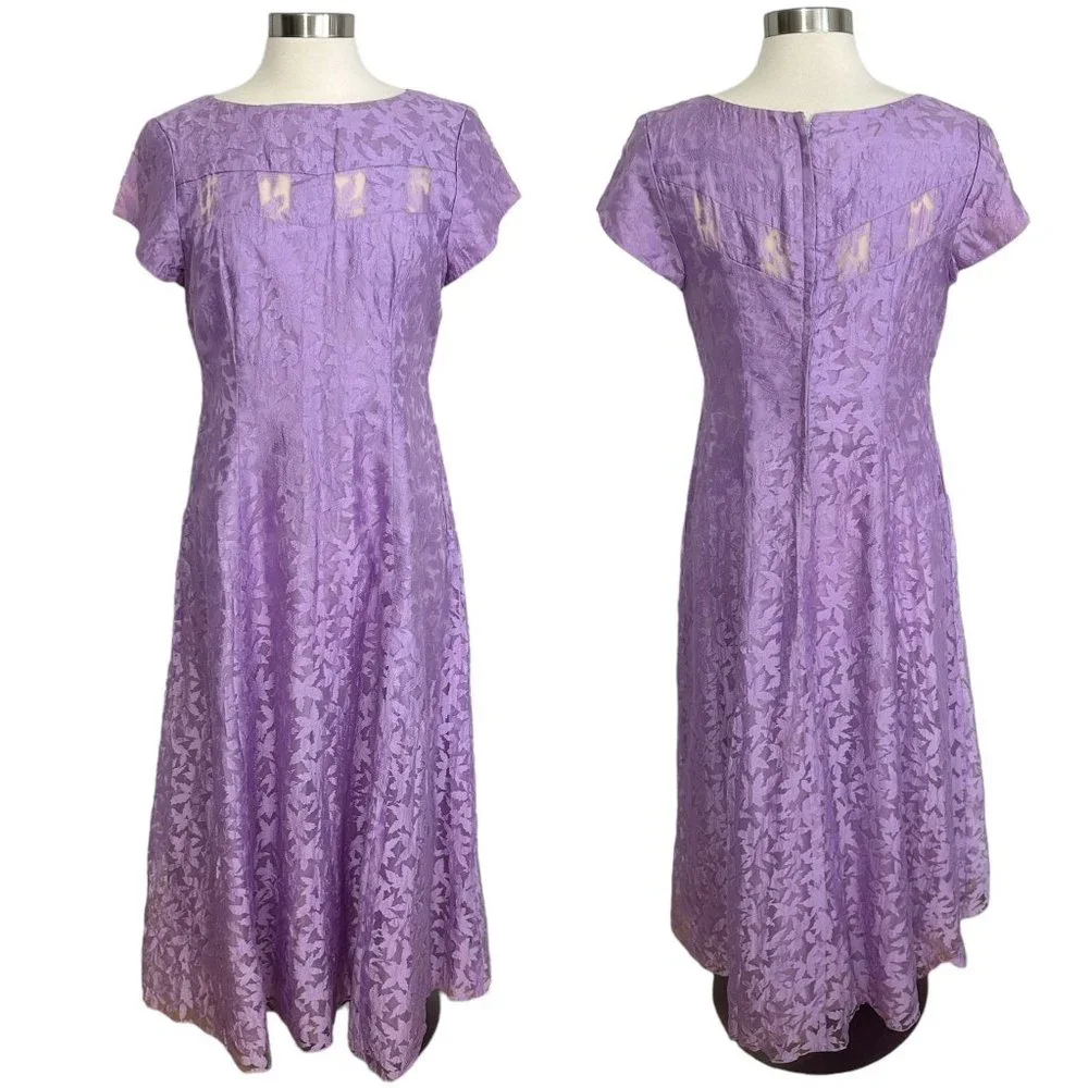 Vtg 1970s Large Lilac Purple Sheer Floral Chiffon Modest Short Sleeve Prom Dress - Picture 1 of 15